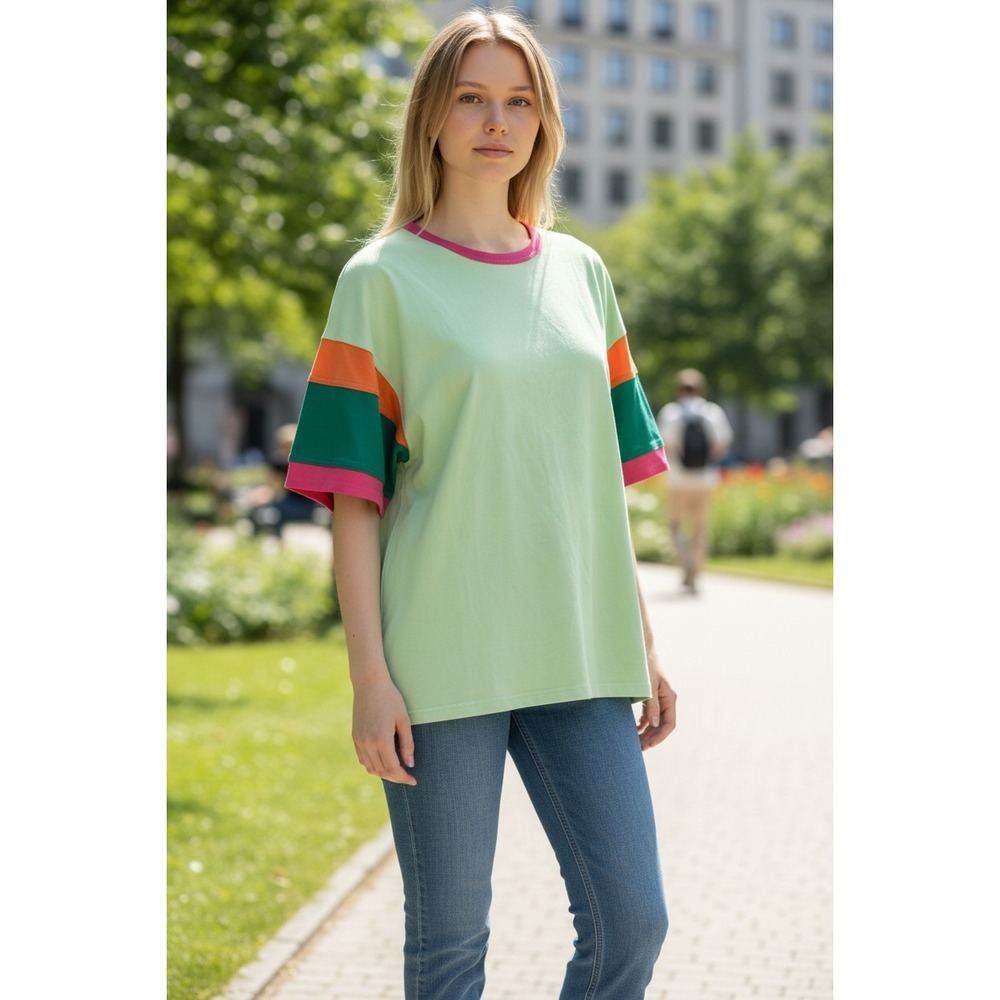 Liam & Co. Colorblock T-Shirt Crew Neck Short Sleeve Mint Green Pink Orange S